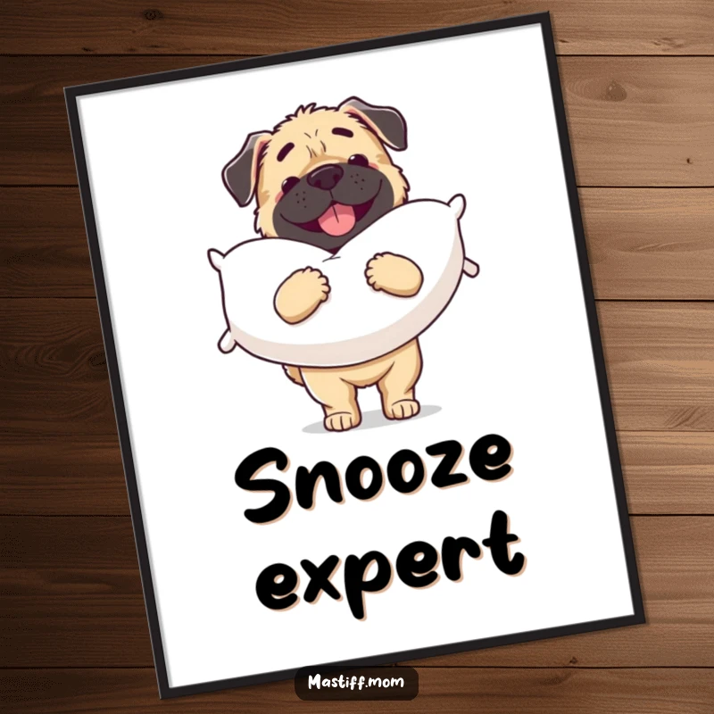 Funny Mastiff digital art print of a joyful dog carrying a massive, soft pillow, ideal for wall decoration.