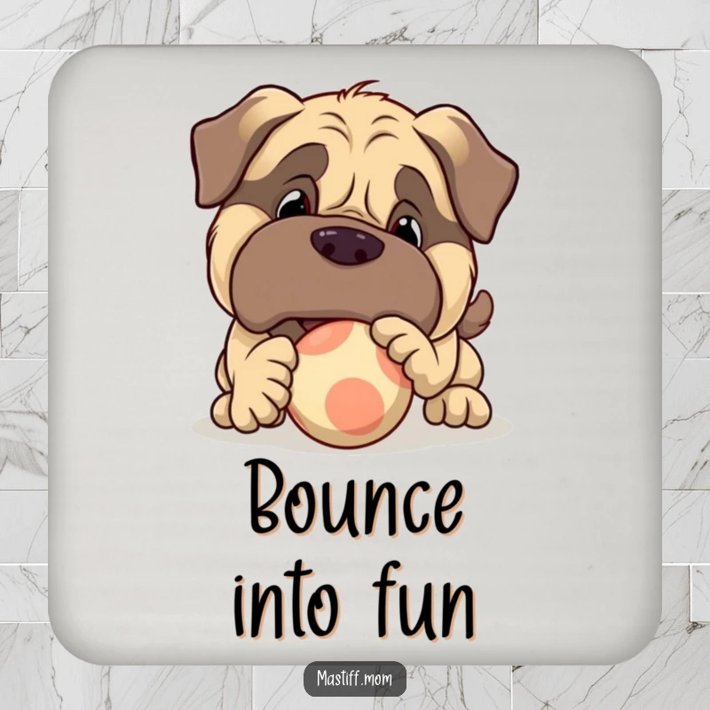 Funny large Mastiff character drink coaster showing a dog playfully nudging a bouncy ball, protecting surfaces with charm.