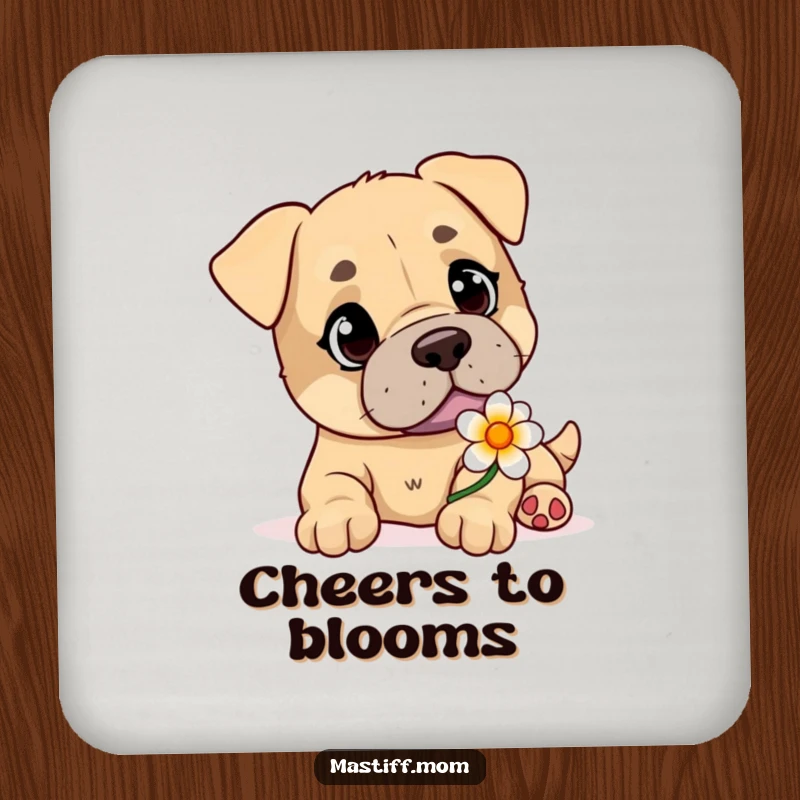Funny Mastiff coasters with a playful dog offering a delicate flower, protecting surfaces with style.