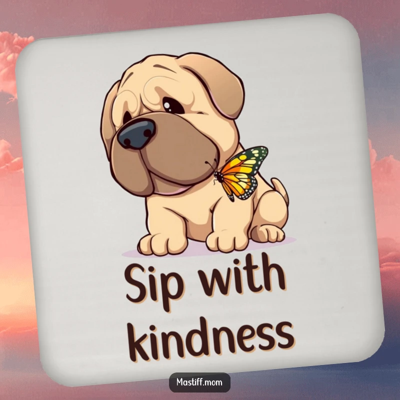 Funny Coaster depicting a giant, gentle Mastiff happily nuzzling a tiny, fluttering butterfly, adding a touch of tender charm.