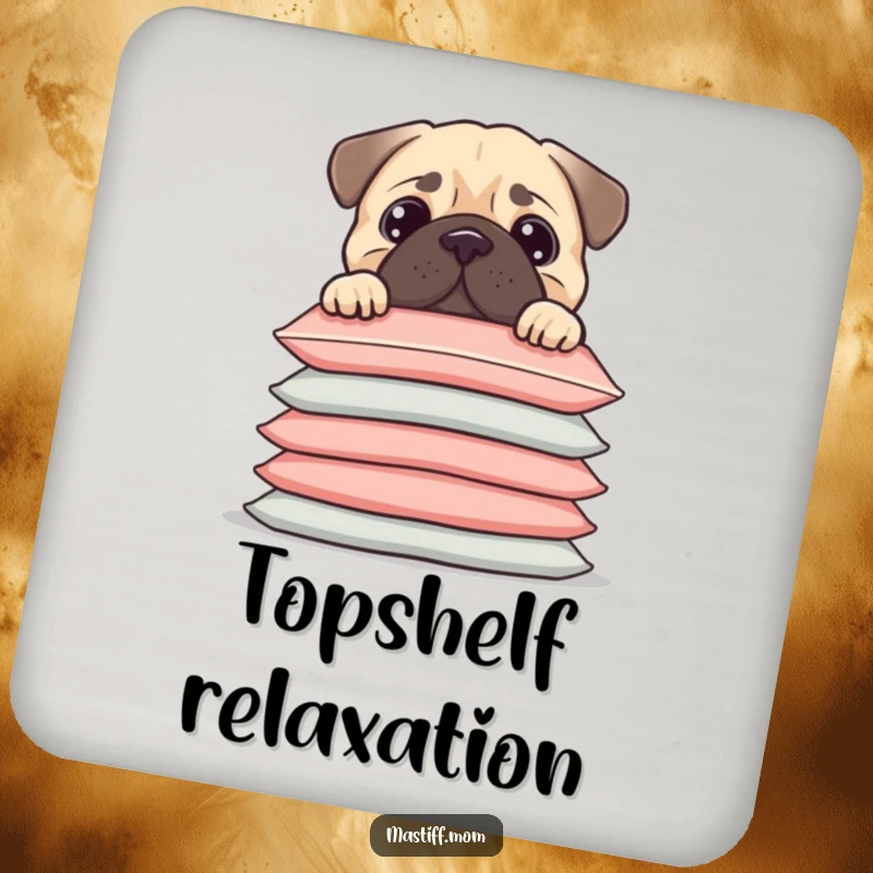 Funny Kawaii Mastiff peeking over a tall stack of cushions, on a protective drink coaster, a cute funny gift.