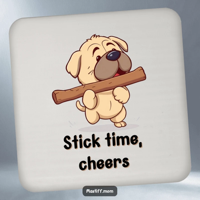 Funny Mastiff Coaster: Adorable kawaii Mastiff poised to fetch a giant stick, protecting surfaces with charm.