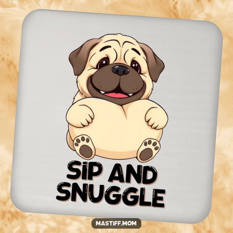 Funny Kawaii Mastiff drink coaster featuring a gentle giant dog smiling and offering a large, soft pillow, ideal for protecting tables.