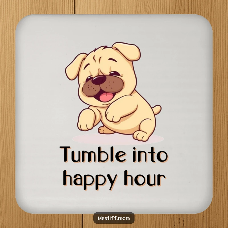 Funny Kawaii Mastiff Puppy Coaster displaying a happy puppy in the middle of a delightful, clumsy tumble.