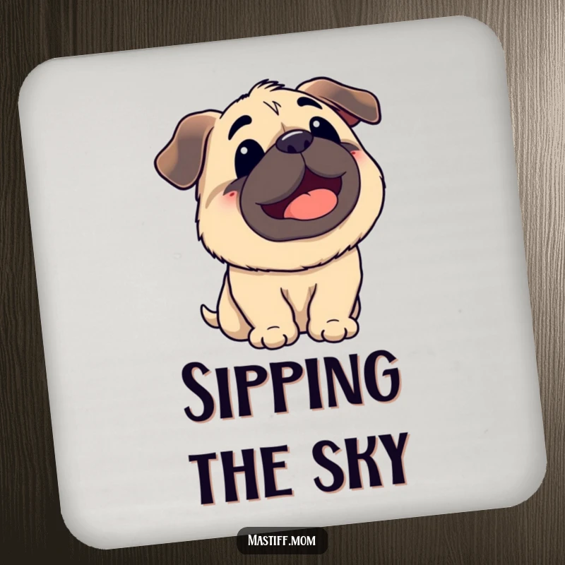 Funny Kawaii Mastiff Panting Looking Up at Sky Coaster, cute drink accessory, happy dog illustration, humorous home decor.
