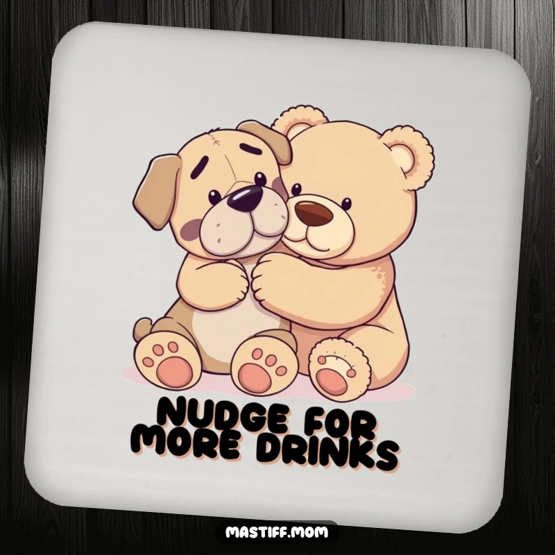 Funny drink coasters showing a Mastiff dog gently nudging a giant teddy bear, bringing heartwarming fun to any table.
