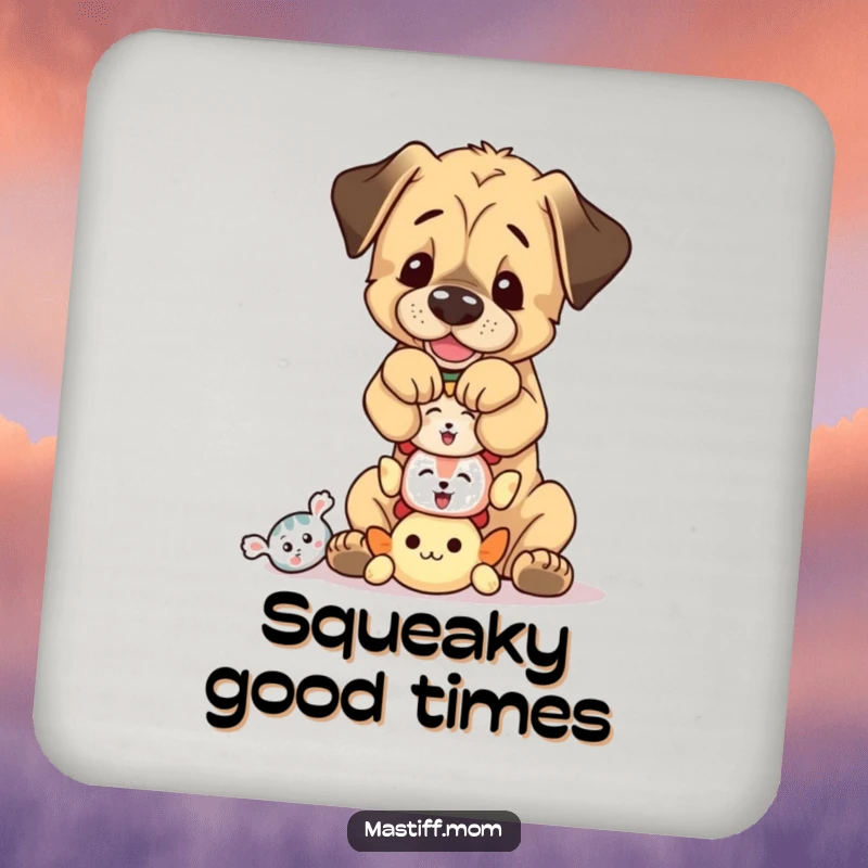 Funny, playful Mastiff cub balancing a stack of tiny squeaky toys, designed as protective and charming drink coasters.