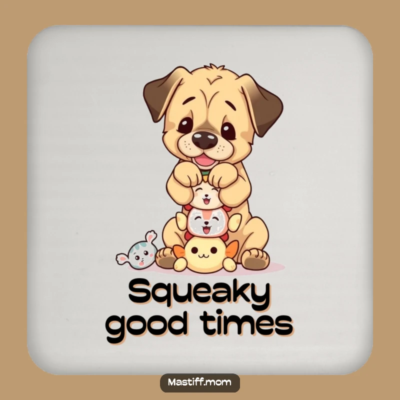 Keep your tables safe and stylish with these funny coasters, featuring a Mastiff cub balancing squeaky toys. A delightful touch of humor.