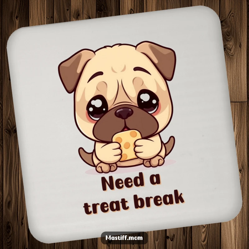 Funny Mastiff Treat Coasters, showing a kawaii mastiff with large, pleading eyes, holding one treat, protecting surfaces charmingly.