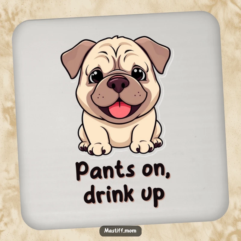 Funny Kawaii Mastiff Drink Coaster, showing a droopy smile and happy pant, perfect for protecting tables with humor. A practical and funny accessory.