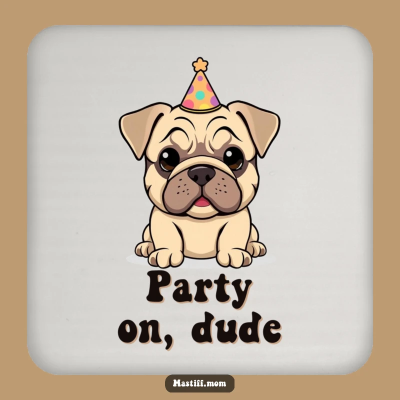 Funny Kawaii Mastiff Puppy Party Hat Coaster: Festive Pup Drink Protector