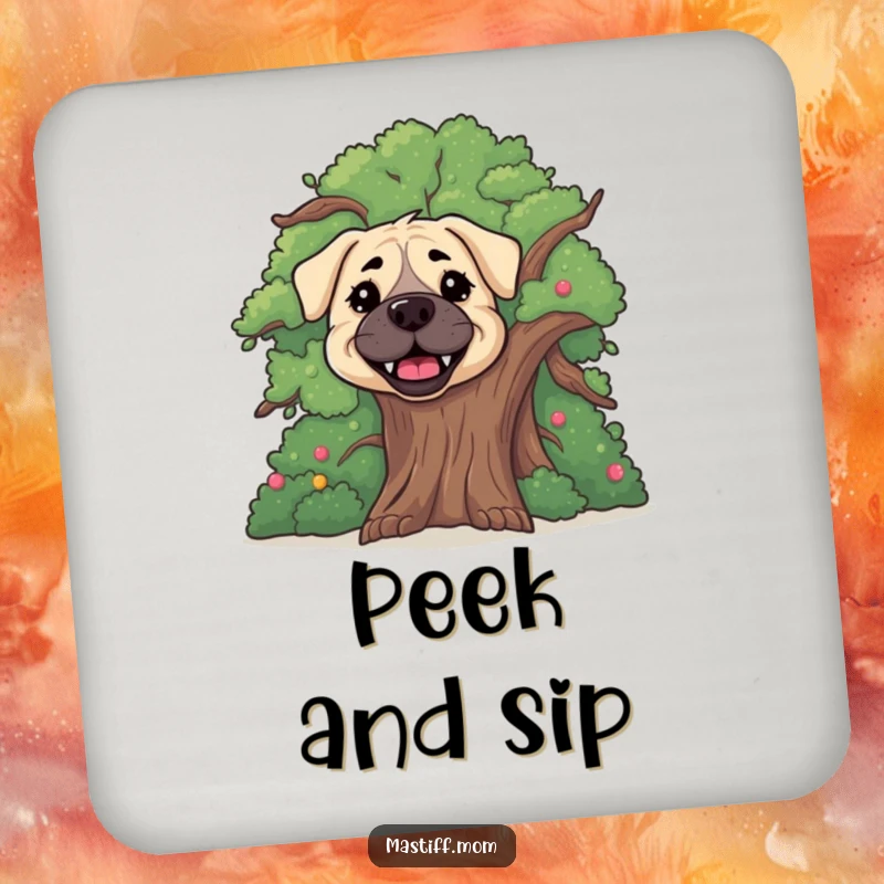 Funny happy Mastiff dog drink coaster, showing a cute dog peeking from behind a tree, protecting surfaces with charm.