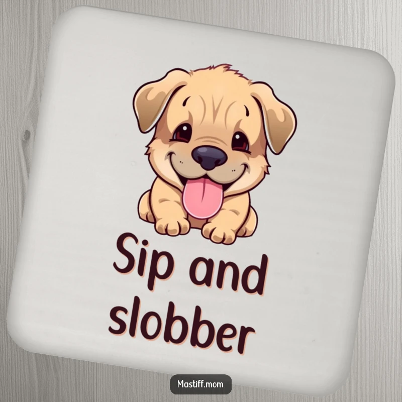 Funny Mastiff cub coasters featuring a happy, panting puppy, protecting furniture with adorable charm and humor.