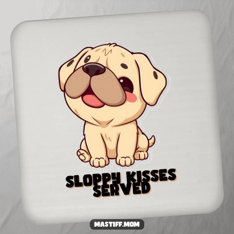 Funny Mastiff Coaster with a cute Kawaii dog giving a happy lick, protecting your surfaces in style.