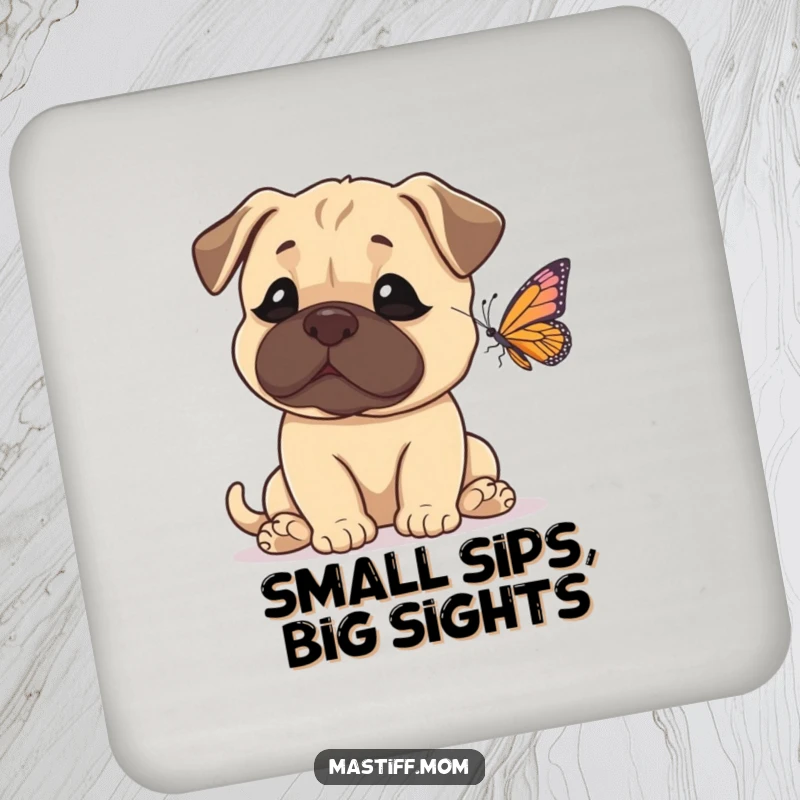 Funny Mastiff Drink Coasters featuring a dog’s comical wide-eyed surprise at a tiny butterfly. Protects surfaces with humor.