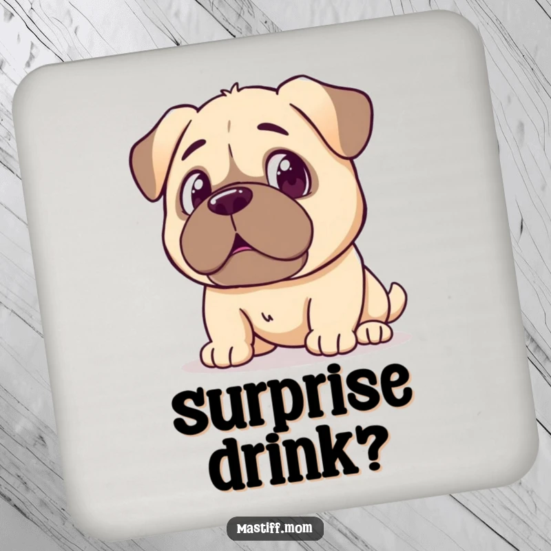 Funny Kawaii Mastiff Drink Coaster, showing a surprised expression at its reflection, perfect for protecting tables with humor. A practical and funny accessory.