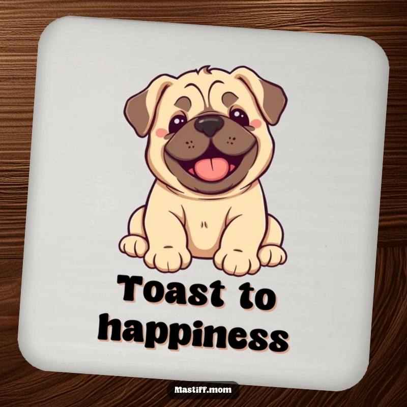 Funny Kawaii Mastiff Puppy Coaster displaying a happy puppy dramatically flopping over with pure, unbridled joy.