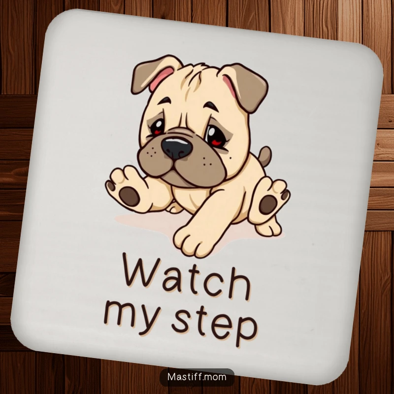 Funny Kawaii Mastiff Puppy Coasters with cute, clumsy dogs tripping, adding humor and protection.