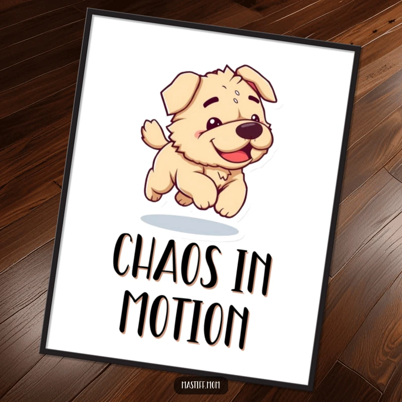 Funny Kawaii Mastiff poster illustrating a clumsy dog joyfully bounding with energetic movement, bringing a dose of playful art to any wall.