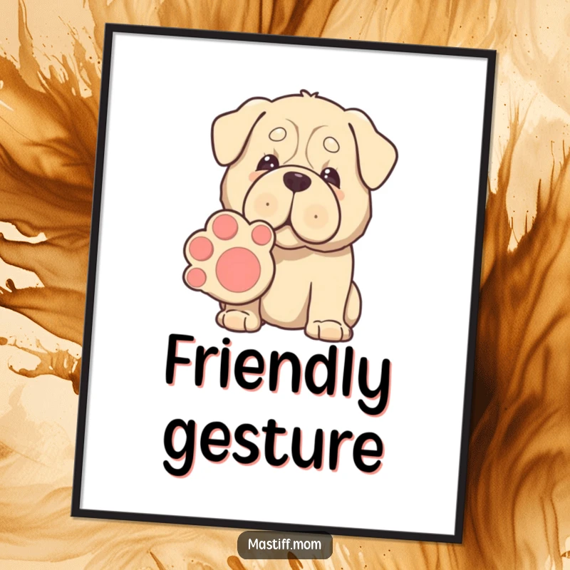 Funny Kawaii Mastiff poster, gentle eyes, offering a giant paw for shaking, bringing warmth and humorous charm to any room.