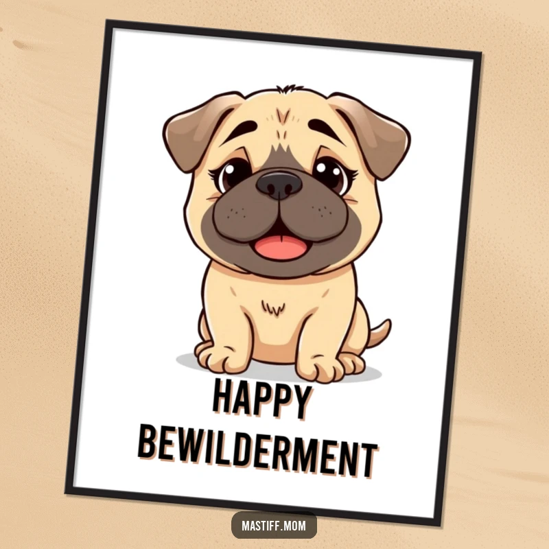 Funny, high-quality poster print of a kawaii Mastiff with a slightly bewildered but happy expression, adding charm to any room.