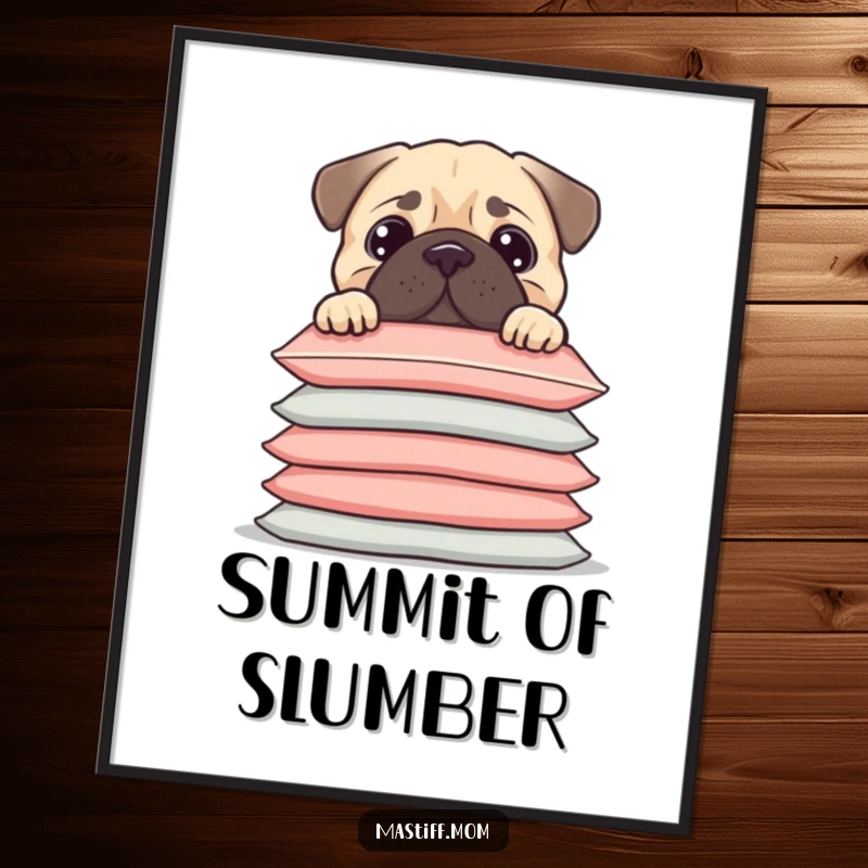Funny Kawaii Mastiff peeking over a ridiculously tall stack of cushions, displayed as wall art, a funny gift.