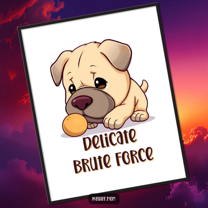 Funny Kawaii Mastiff poster, wall art of a cute big dog gently nudging a small object with its large nose, full of charm.