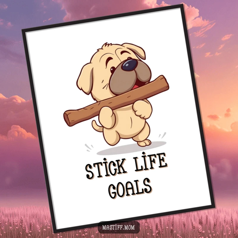 Funny Mastiff Poster: Adorable kawaii Mastiff joyfully retrieves a gigantic stick, embodying pure fetch happiness.