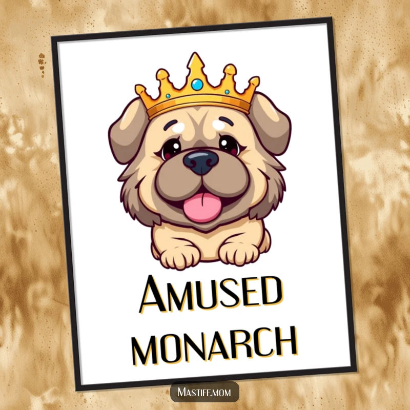 Funny Kawaii Mastiff poster, capturing a crowned dog with a regally amused expression, embodying playful authority and charm.