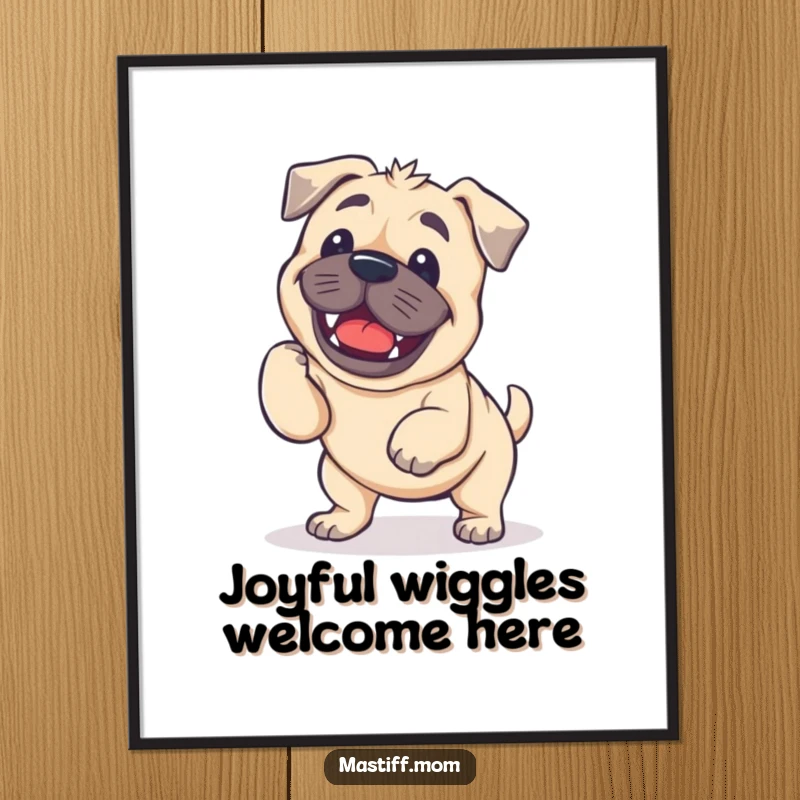 Funny Kawaii Mastiff Poster capturing a dog's delightful, wobbly wiggle in vibrant detail.