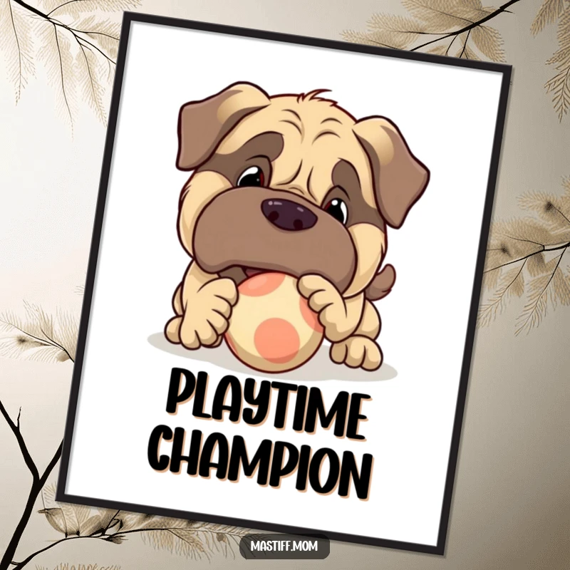 Funny, high-quality poster print of a large Mastiff character playfully nudging a bouncy ball, capturing the essence of fun.