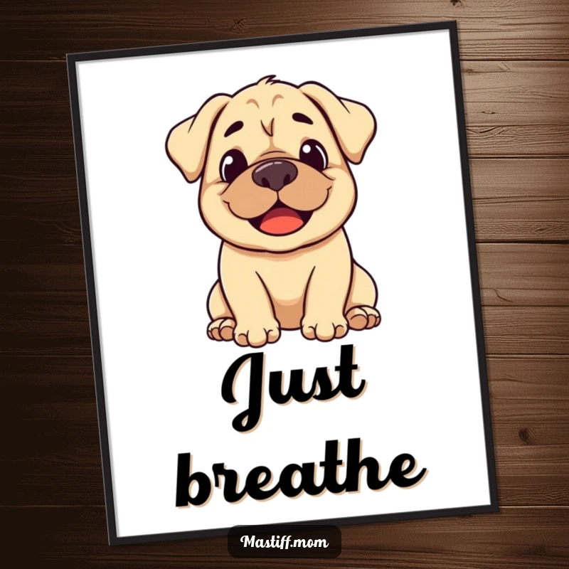 Funny stylized Mastiff poster featuring a smiling dog exhaling a gentle, happy sigh.