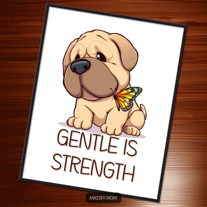 Funny Poster visualizing a giant, gentle Mastiff happily nuzzling a tiny, fluttering butterfly, capturing a moment of sweet connection.