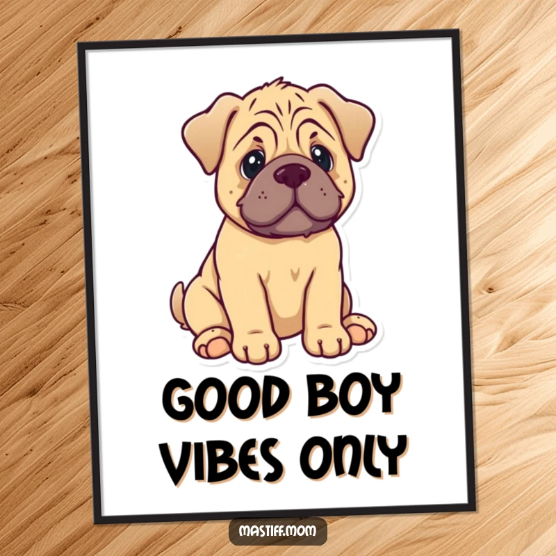 Funny Mastiff Puppy Poster: A kawaii mastiff puppy sits, radiating sweetness with a gently wagging tail.