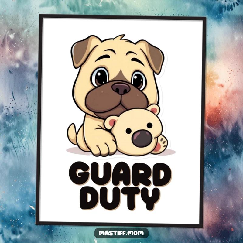 Funny Kawaii Mastiff Watchful Gaze Guarding Plush Toy Poster, cute wall art, loyal dog illustration, humorous pet portrait.