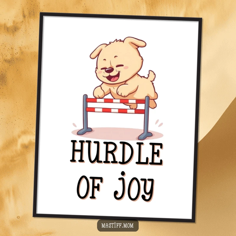 Funny Kawaii Mastiff poster, capturing a dog mid-clumsy leap over a hurdle, embodying adorable effort and infectious canine joy.