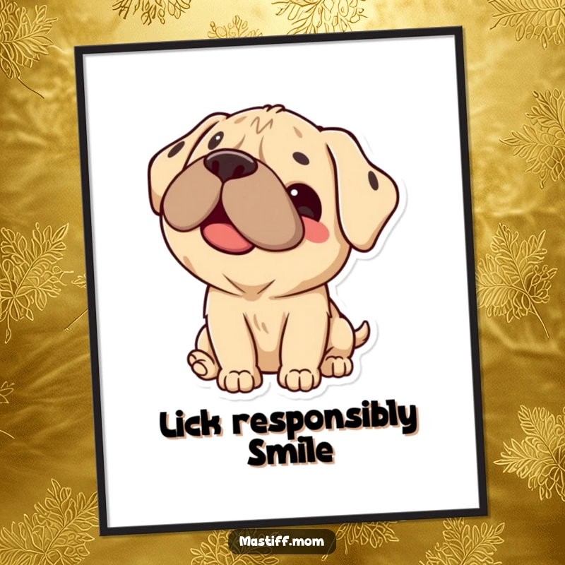 Funny Mastiff Poster showcasing a super cute Kawaii dog with a big smile and a happy licking tongue, perfect wall decor.