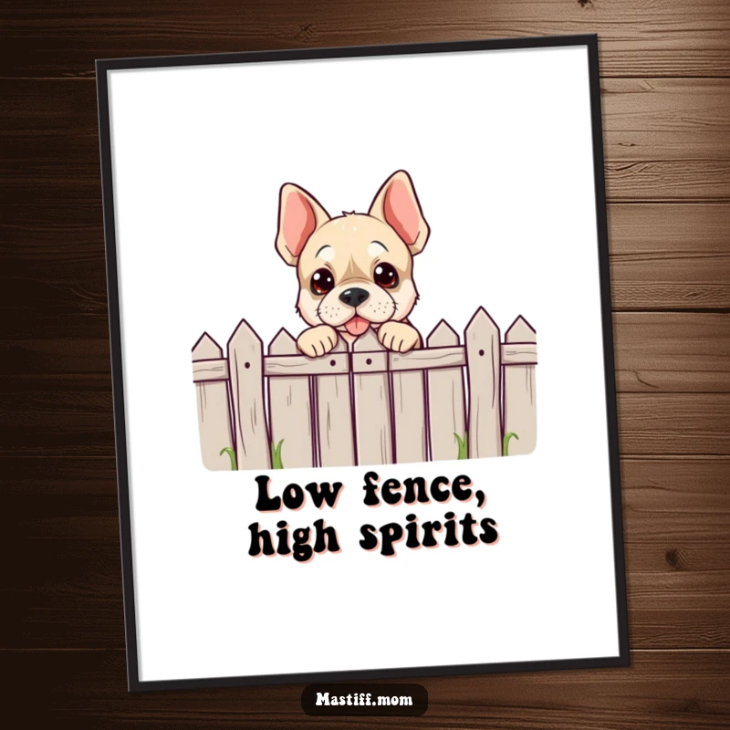 Funny, high-quality poster print of a Mastiff character playfully peeking over a comically low fence, capturing adventurous spirit.