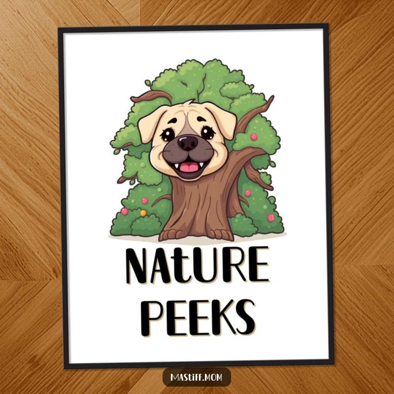 Funny happy Mastiff dog poster, high-quality art print of a cute dog peeking from behind a large, cheerful tree.