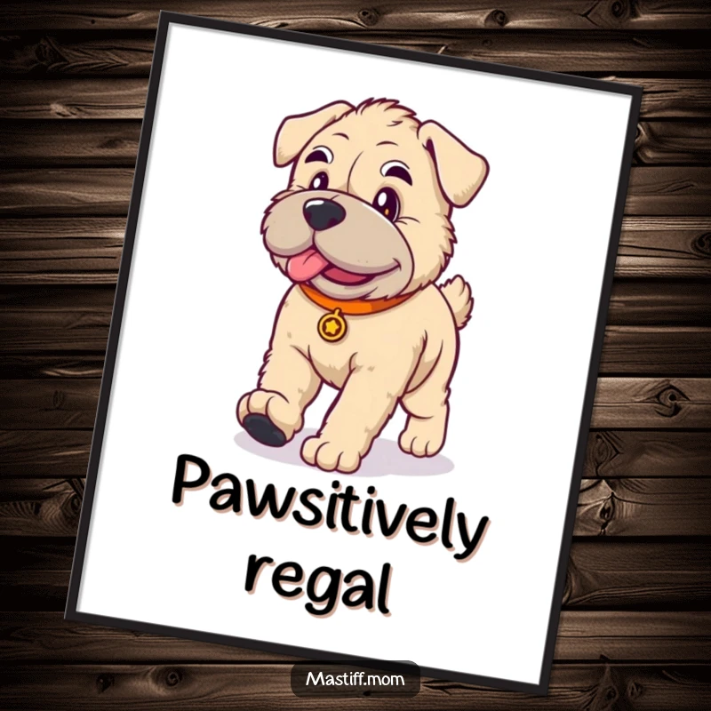 Funny kawaii Mastiff dog poster, high-quality art print of a cute dog walking with a funny, dignified manner.