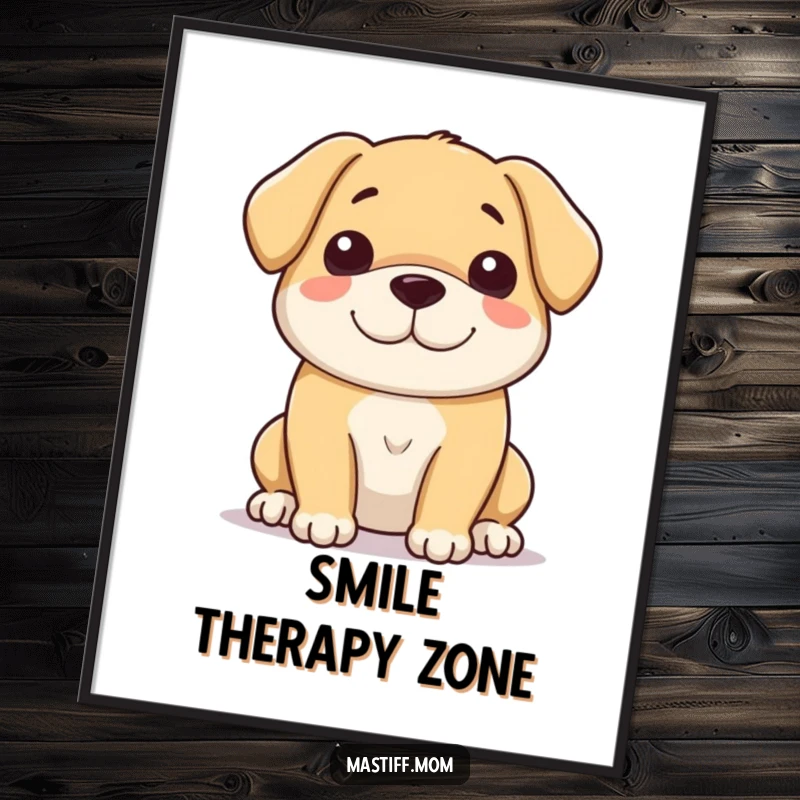 Funny poster featuring a large, immensely gentle dog with a soft, peaceful, and loving smile, bringing warmth to any wall.