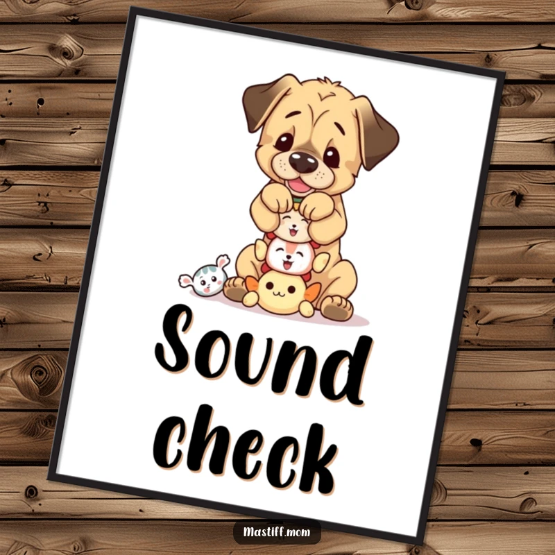 Funny, playful Mastiff cub balancing a tall stack of tiny squeaky toys, a whimsical piece for wall art.