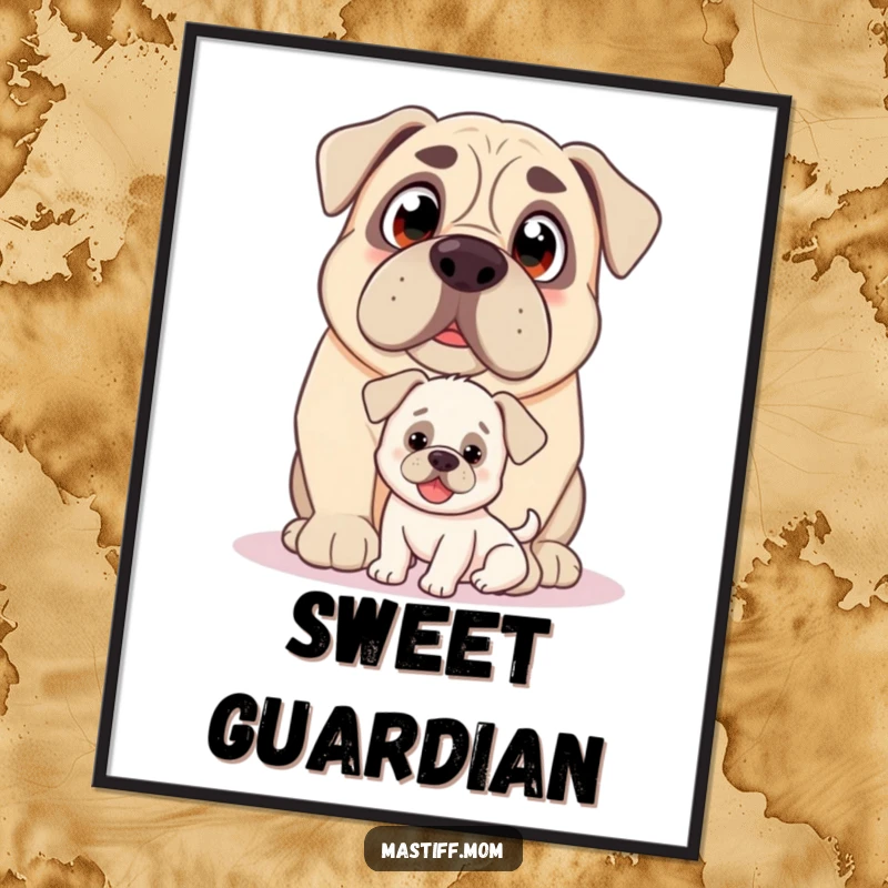Funny Kawaii Mastiff poster, with loving eyes, nudging a small, happy puppy, humorous and tender wall art.