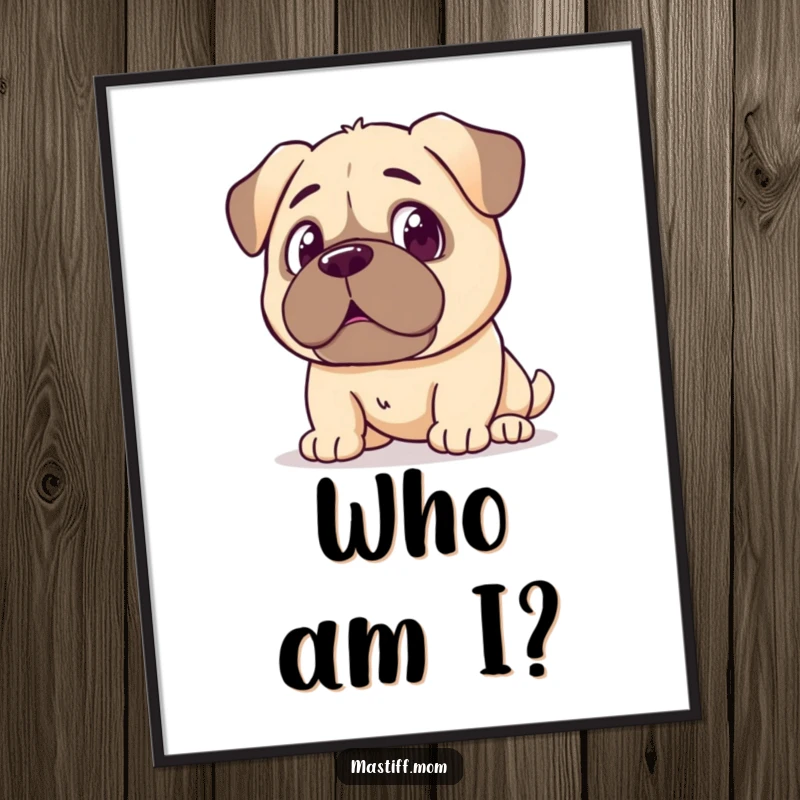 Funny Kawaii Mastiff Poster, showing a surprised expression at its reflection, perfect for adding humorous wonder to walls. A funny and expressive print.