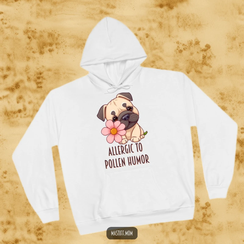 Funny, warm hoodie featuring a kawaii Mastiff curiously sniffing an oversized flower, radiating a sweet and comical sense of wonder.