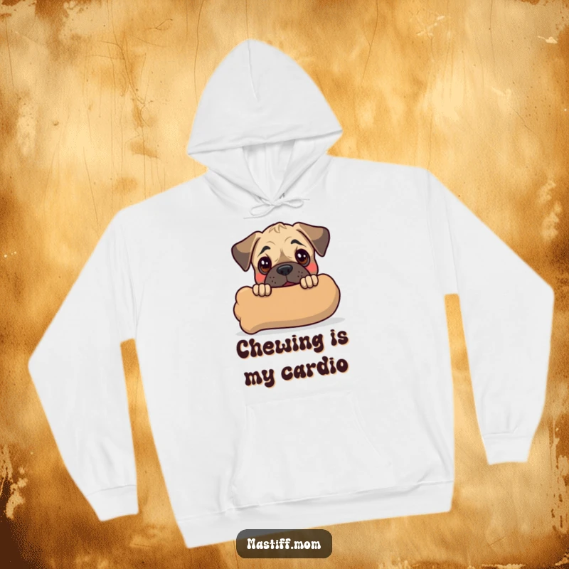 Funny Mastiff Puppy Hoodie showcasing a cute kawaii dog peeking playfully behind a massive chew toy, a delightful and cozy sight.