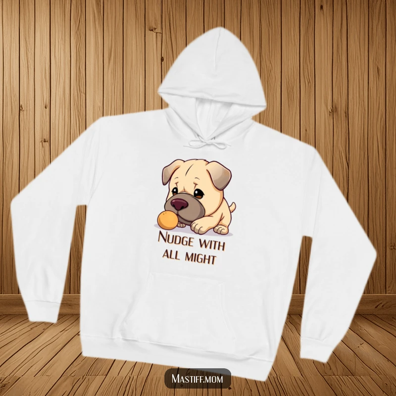 Funny Kawaii Mastiff hoodie, a warm sweatshirt with a cute big dog gently nudging a small object, exuding warmth.