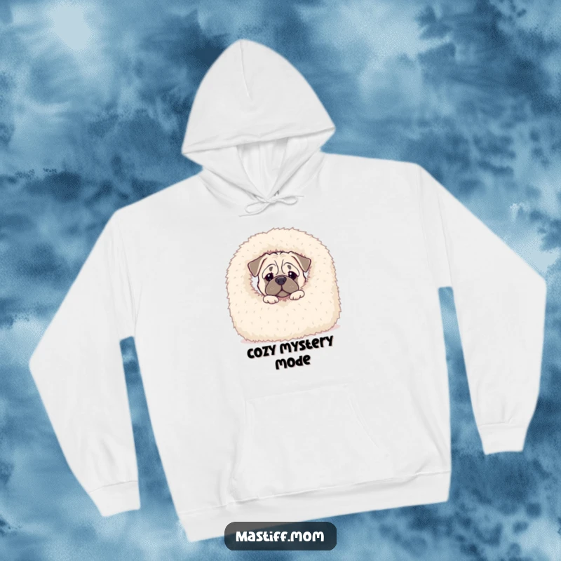 Funny Kawaii Mastiff hoodie showing a curious dog peeking from behind a huge, fluffy blanket, perfect for cozy hideaways.