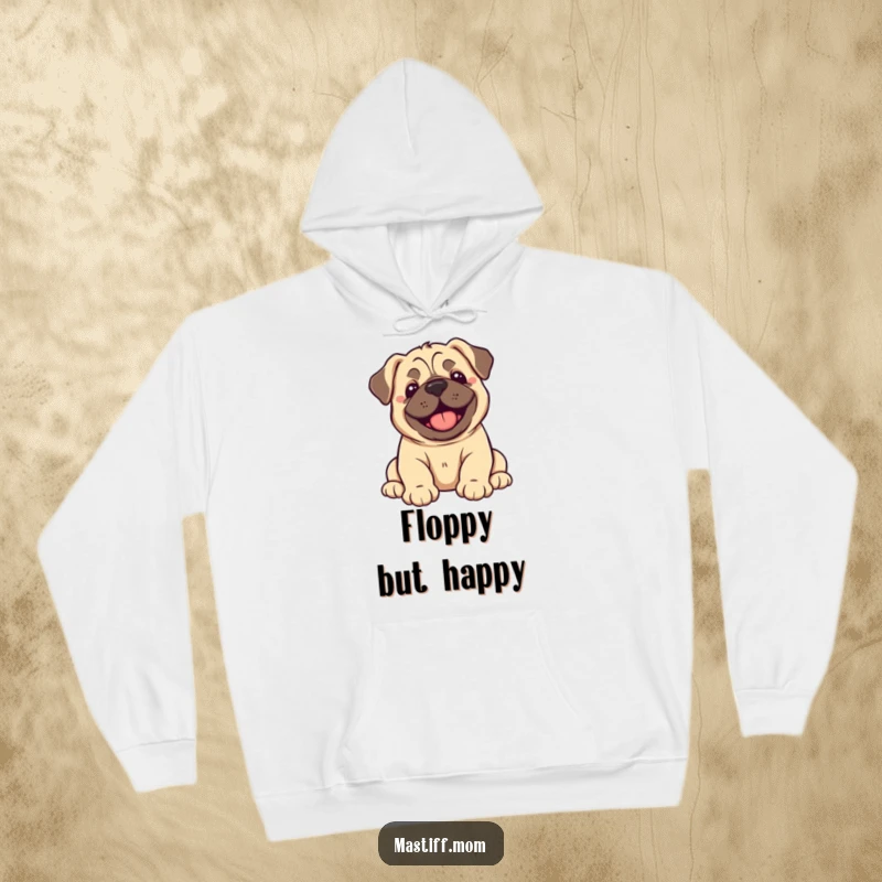 Funny Kawaii Mastiff Puppy Hoodie featuring a sweet puppy dramatically flopping over, overcome with pure happiness.