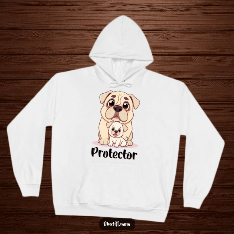 Funny Kawaii Mastiff hoodie, with loving eyes, nudging a small, happy puppy, soft and humorous.
